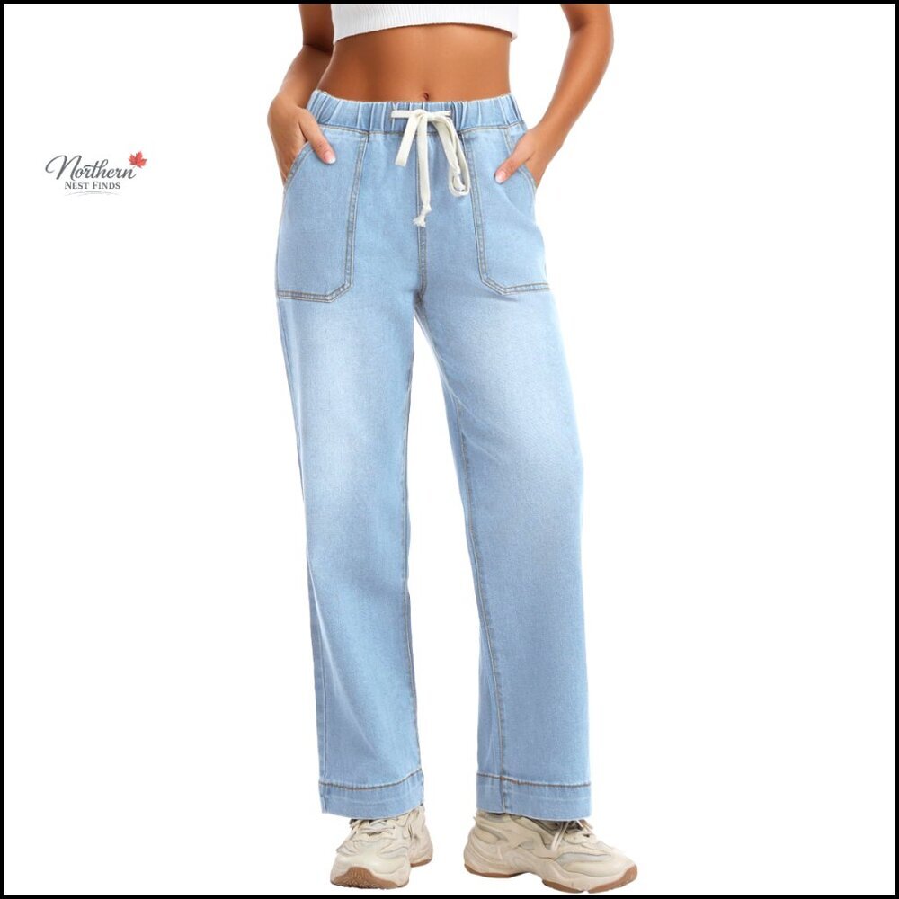 High Waisted Straight Leg Pull-On Jeans Stretch Elastic Waist Drawstring